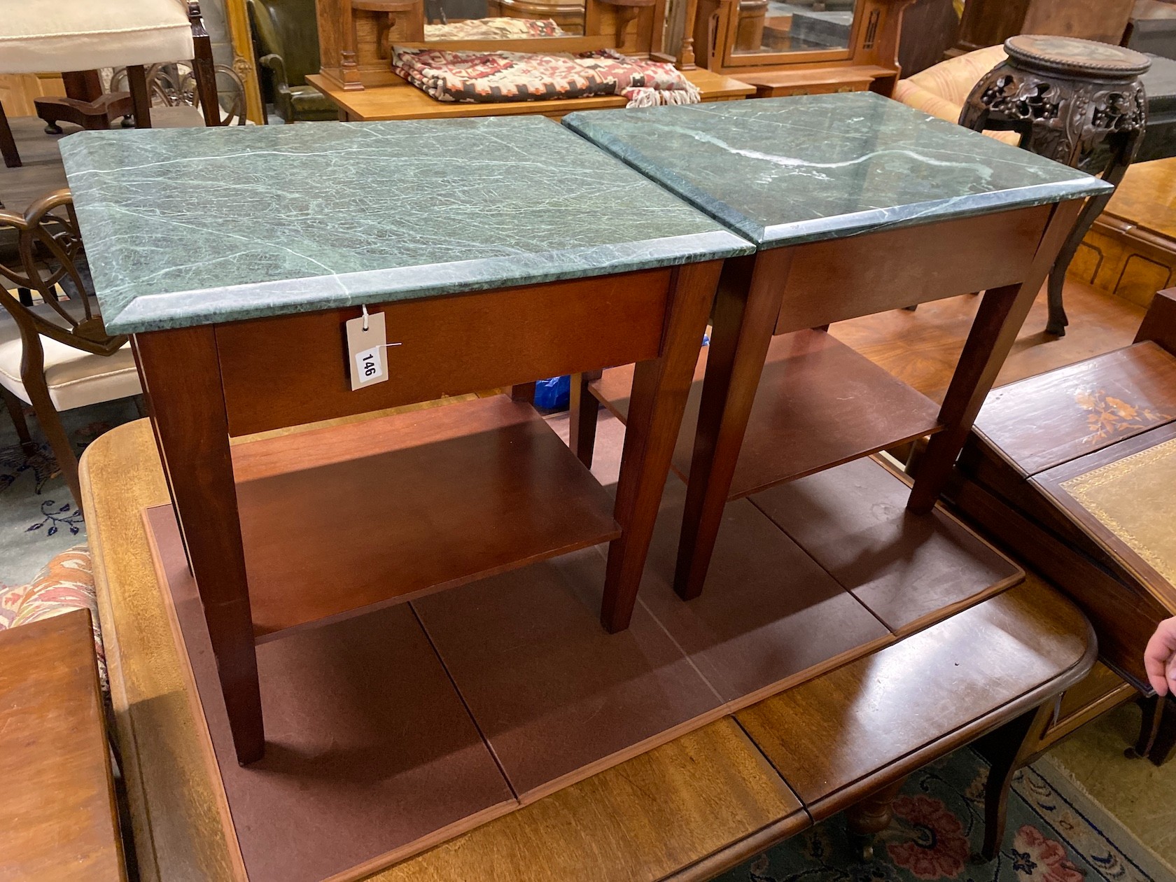 A pair of contemporary mahogany marble top two tier bedside tables, width 60cm, depth 45cm, height 60cm